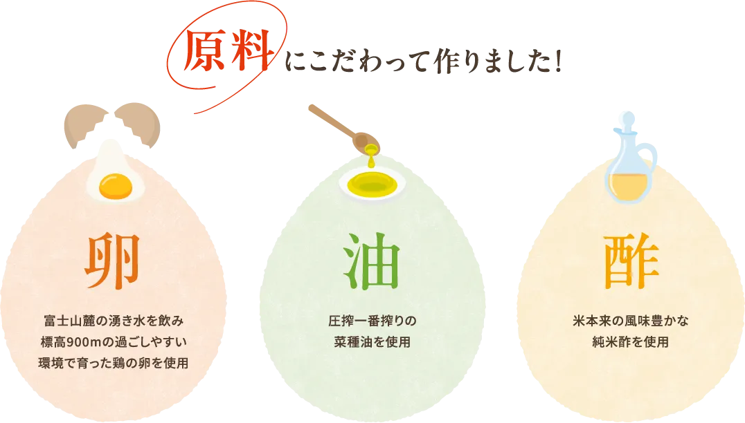 原料にこだわって作りました！【卵】富士山麓の湧き水を飲み標高900mの過ごしやすい環境で育った鶏の卵を使用【油】圧搾一番搾りの菜種油を使用【酢】米本来の風味豊かな純米酢を使用